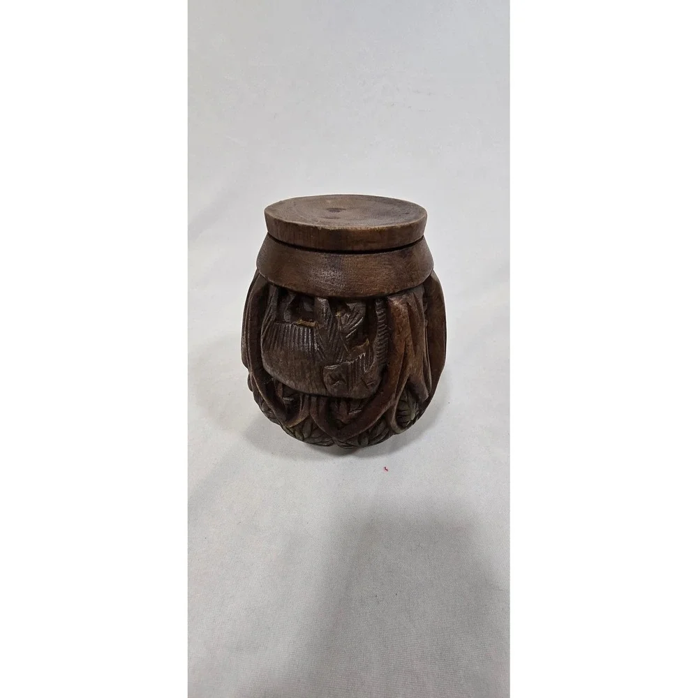 Vtg 1970s hand Carved Wooden Vessel Bowl Vase Elephants safari‎ jungle African